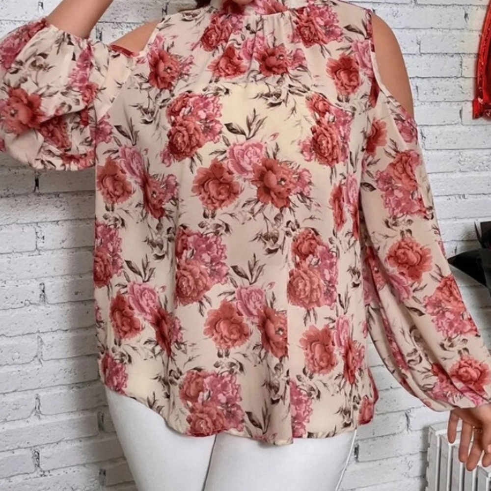SHEIN Essnce Plus Floral Print Cold Shoulder Lantern Sleeve Blouse